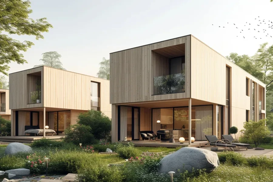 Casas modernas de madeira com grandes janelas panorâmicas, rodeadas por jardim verde e árvores, sob luz suave ao entardecer. Arquitetura contemporânea sustentável, representando habitação ecológica e eficiente.